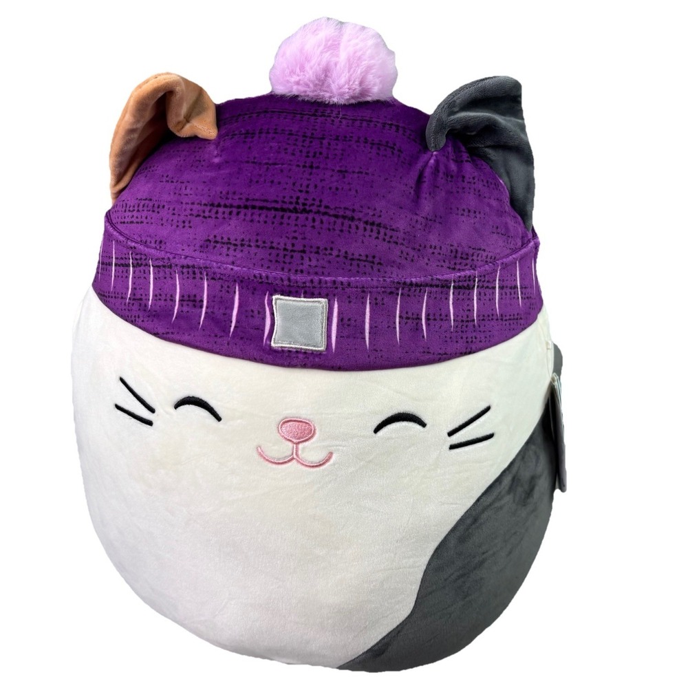 Squishmallows‎ Cam the Calico Cat wearing a Purple Beanie Hat 12" NWT Winter